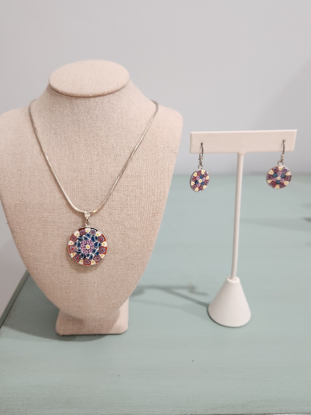 Vtg Murano Glass Millefiori Pendant Necklace & Earring Set w/ 16" Sterling Chain